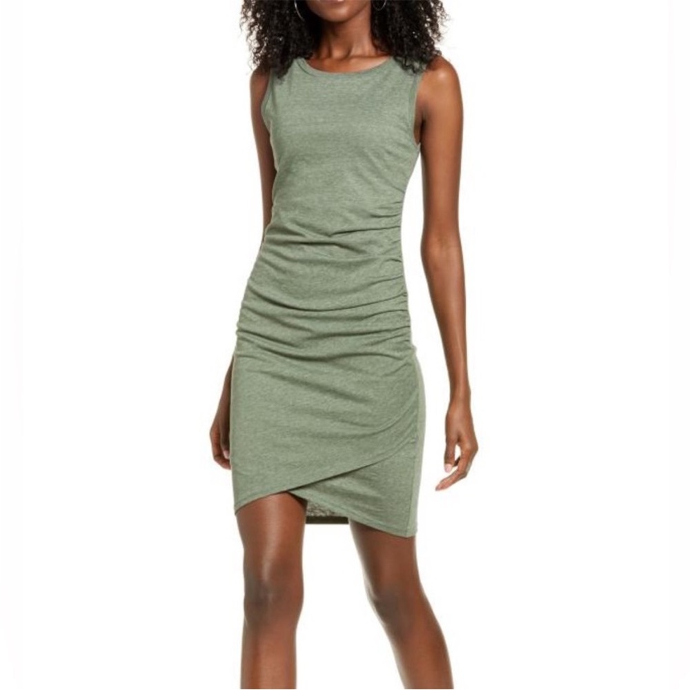 Leith Green Asymmetrical Ruched Mini Dress